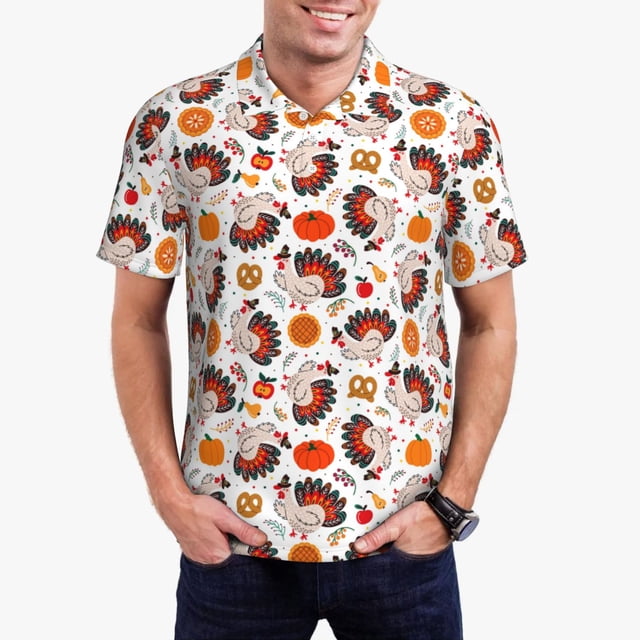 Lsque Turkey And Thanksgiving2 Pattern Golf Shirts for Men Dry Fit Print Moisture Wicking Performance Short Sleeve Polo Shirt-Large