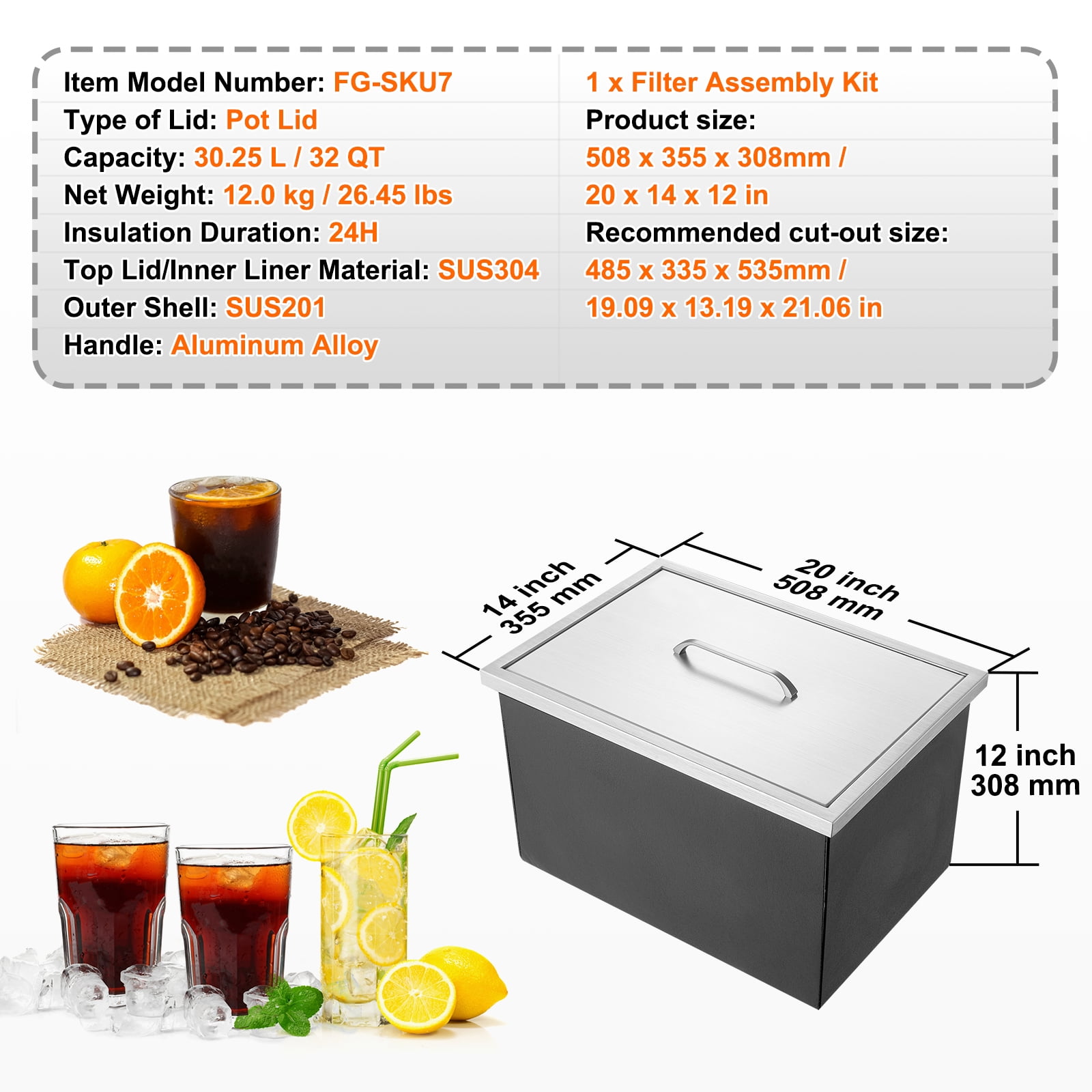 VEVOR Drop in Ice Chest 20"Lx14"Wx12"H with Cover 304 Stainless Steel Drop in Cooler Included Drain-pipe and Drain Plug Drop in Ice Bin for Cold Wine Beer