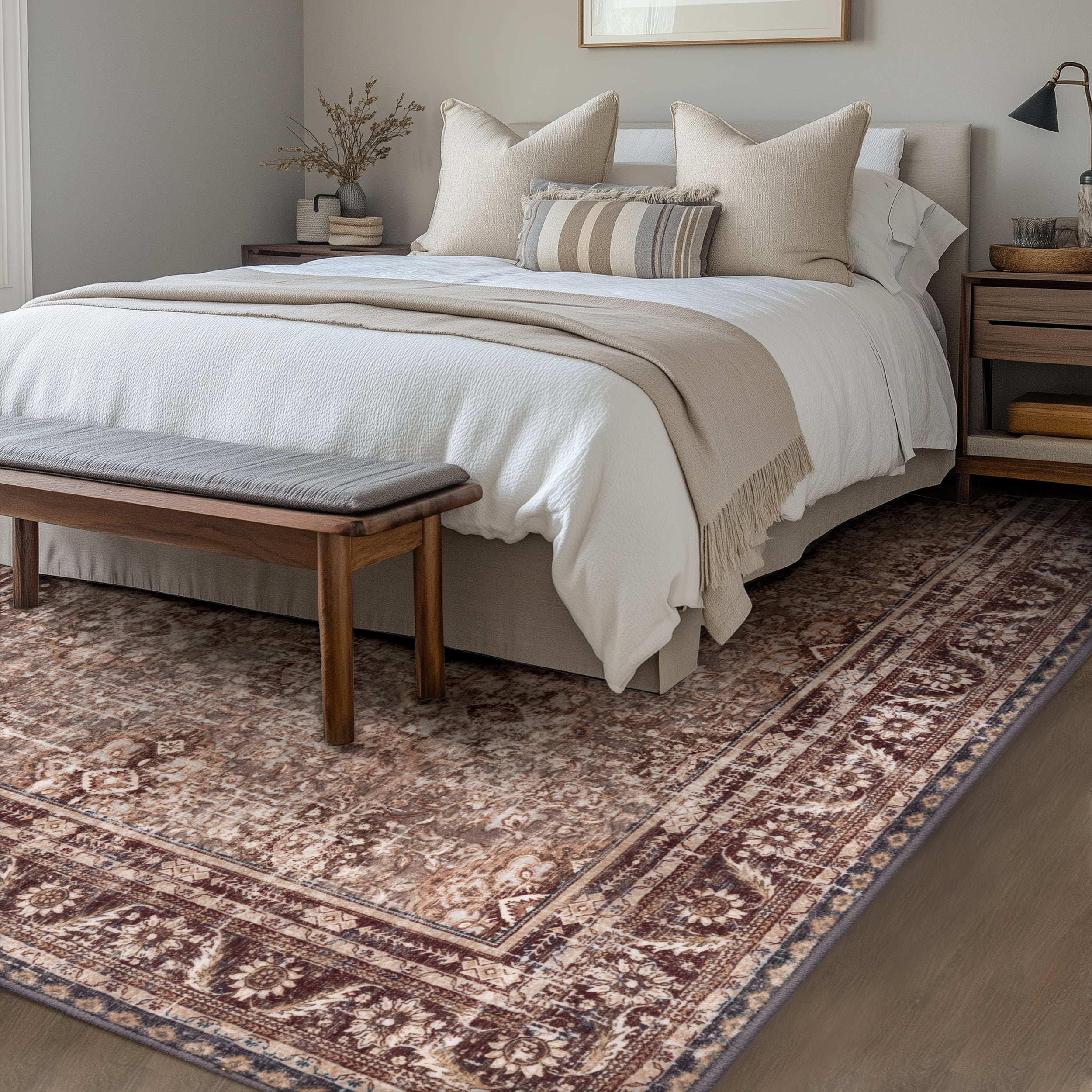 ARJINCUTE Distressed Vintage Low Pile Area Rugs 9'x12', Non-Slips Machine Washable Traditional Farmhouse Floor Carpet, Brown