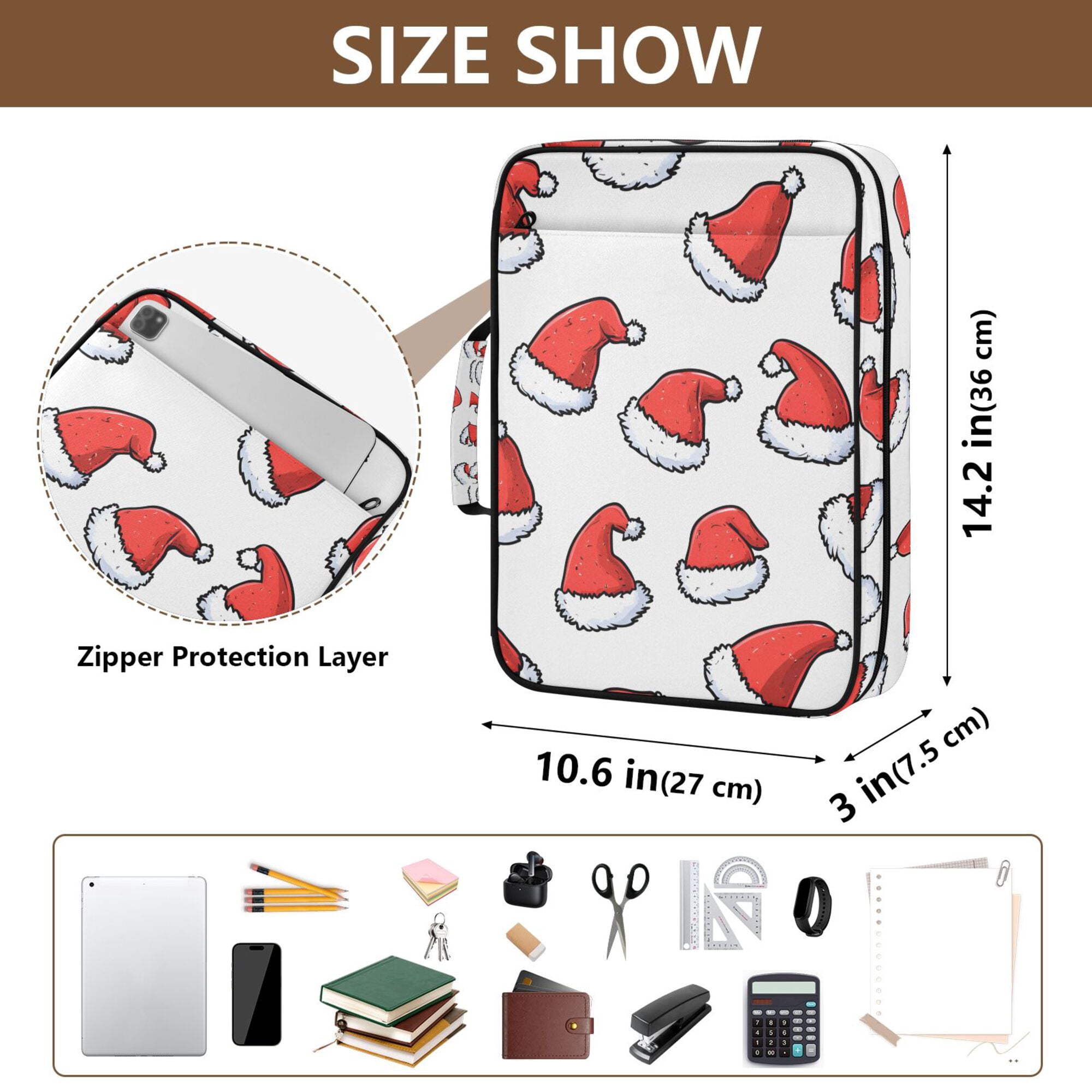 FORMRS Accordion File Folder A4 Size 7-Pocket Expanding Document Organizer Bag with 3 Ring Binder, Santa Hats Pattern