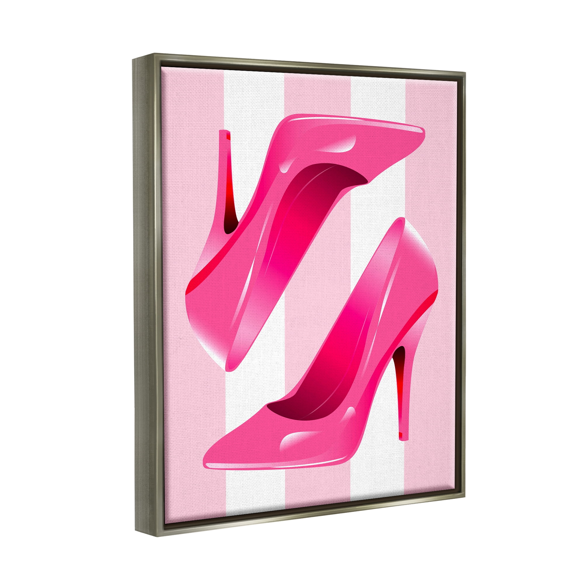Stupell Industries Heels on Pink Stripes Beauty & Fashion Painting Gray Floater Framed Canvas Art Print Wall Art, 25 x 31