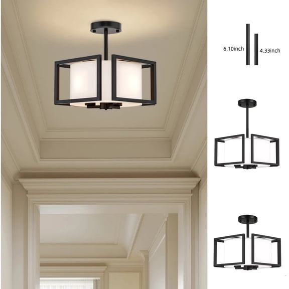 FFRIDEKO HOME 3-Light Modern Semi Flush Mount Light, 17.9" Height Adjustable, Fabric Shade Black Metal Frame, E26 Base, 12.6"W Ceiling Light Fixture for Kitchen, Hallway, Living Room (Without Bulbs)