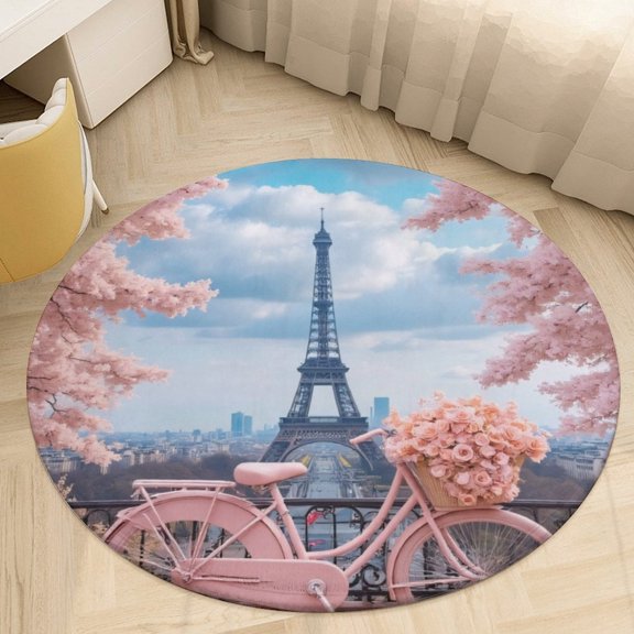 Pink Bicycle by Eiffel Tower Round Area Rugs for Bedroom Living Room, 4FT Soft Comfy Indoor Circle Carpets, Floor Mat