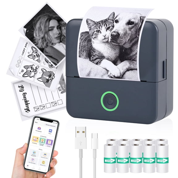 Mini Sticker Printer, Thermal Printer with 10 Rolls Paper, Inkless Pocket Printpod for Phone, Compatible with iOS & Android for Study Notes & DIY