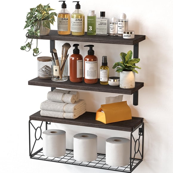 AMADA HOMEFURNISHING Bathroom Shelves with Storage Basket, Floating Shelves for Home Organization & Wall Decor, 3 Set Natural Wood Wall Shelf for Bat