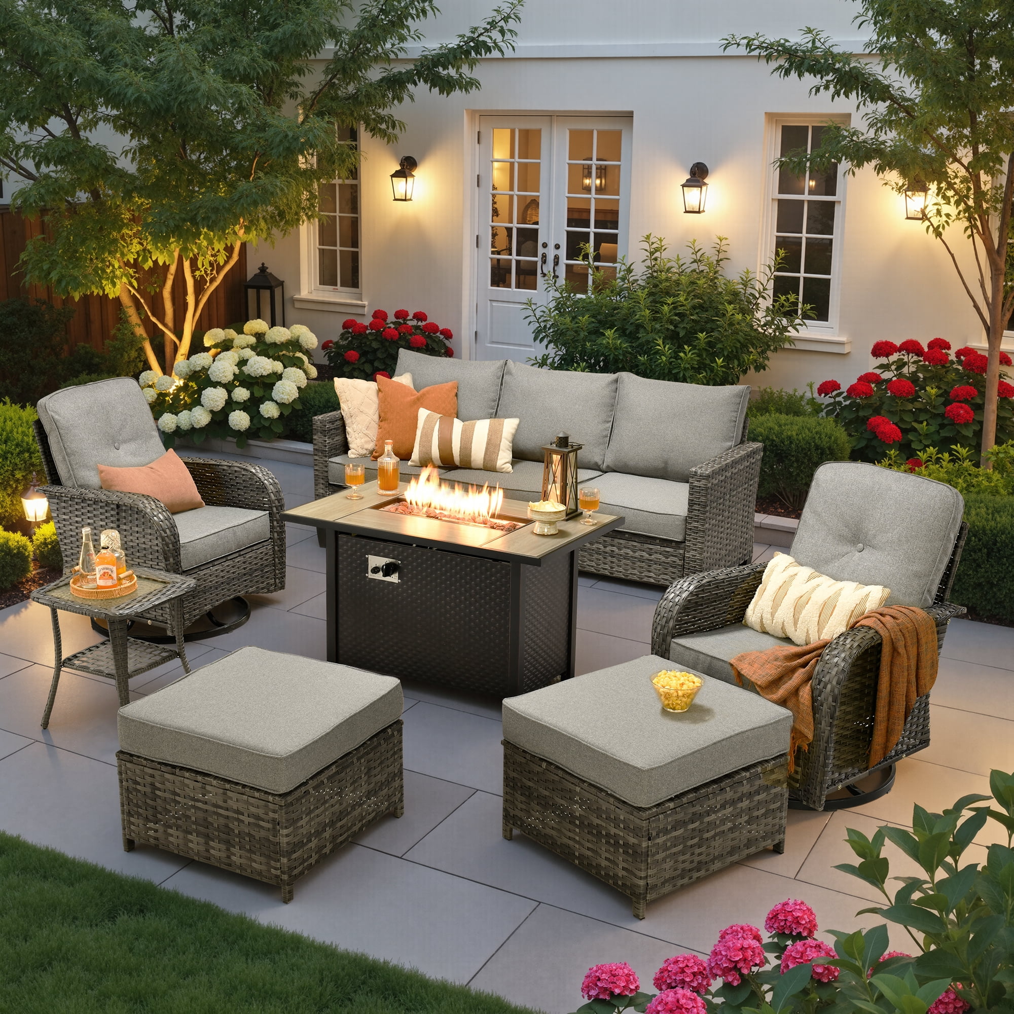 Ovios 7 Pieces Patio Furniture Set Outdoor Conversation All-Weather Rattan Sectional Sofa with Fire Pit Table & Swivel Chairs