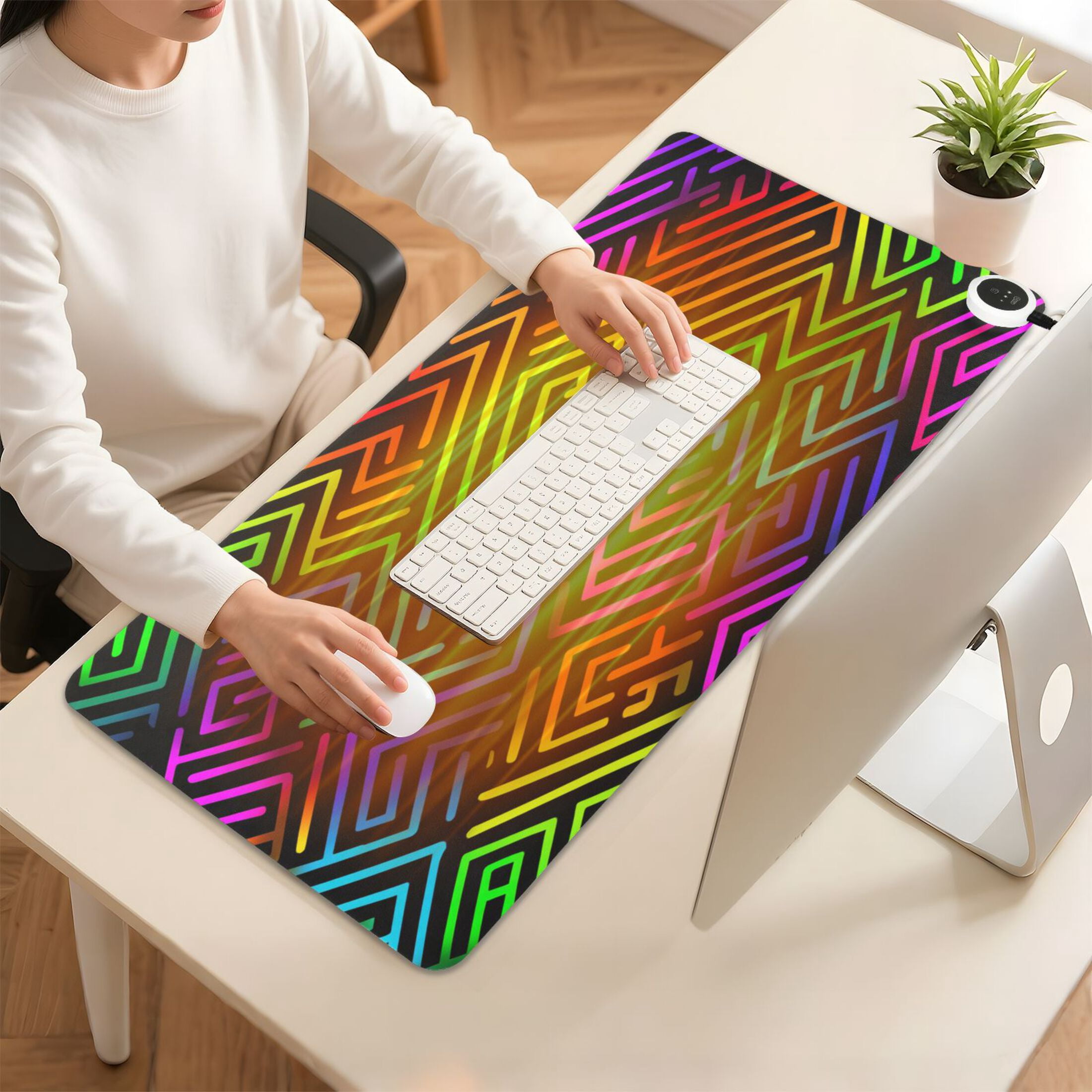Large Heated Desk Mat Mouse Pad 31.5"x13"PU Leather Graphene Heating Desk Warmer with 3 Temperature Settings 110V US Plug Non-Slip Warm Pad for Home, Office, and Gaming Rainbow Neon Labyrinth Print