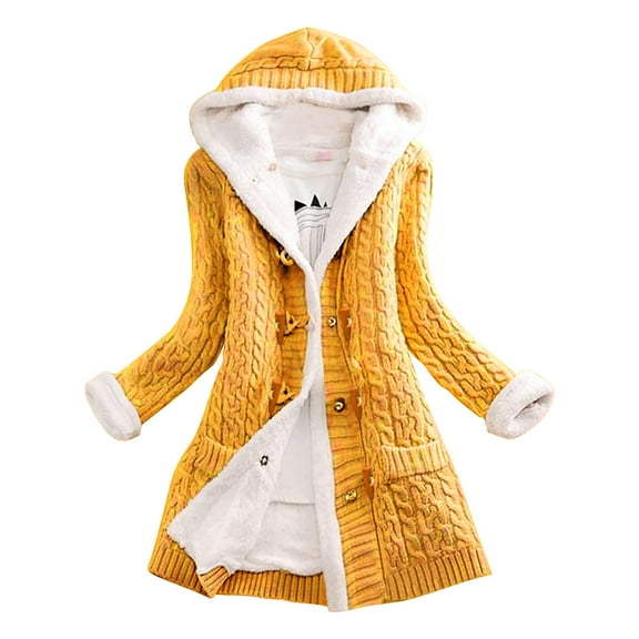 KIHOUT Women's Long Sleeve Warm Jacket Deals Women Casual Knit Button Long Sleeve Cashmere Thick Warm Hooded Cardigan Coat