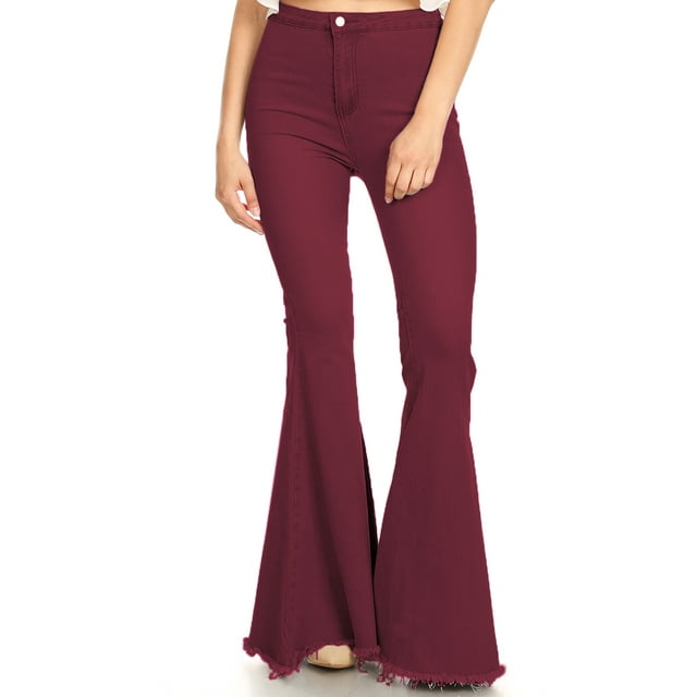 Feinuhan Women's High Waist Flared Bell Bottom Jeans, Burgundy, X-Large