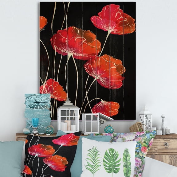 Designart 'Abstract Red Flower Detail On Black Background II' Traditional Print on Natural Pine Wood