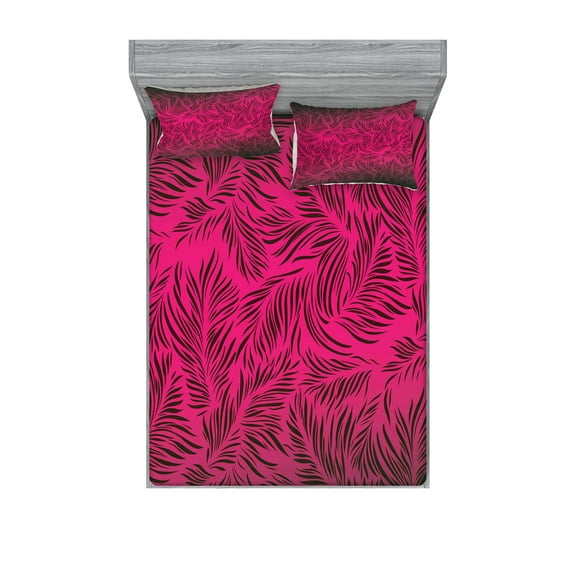 Ambesonne Nature Fitted Sheet & Pillow Sham Set, Hawaiian Island Palms, Full, Magenta Black