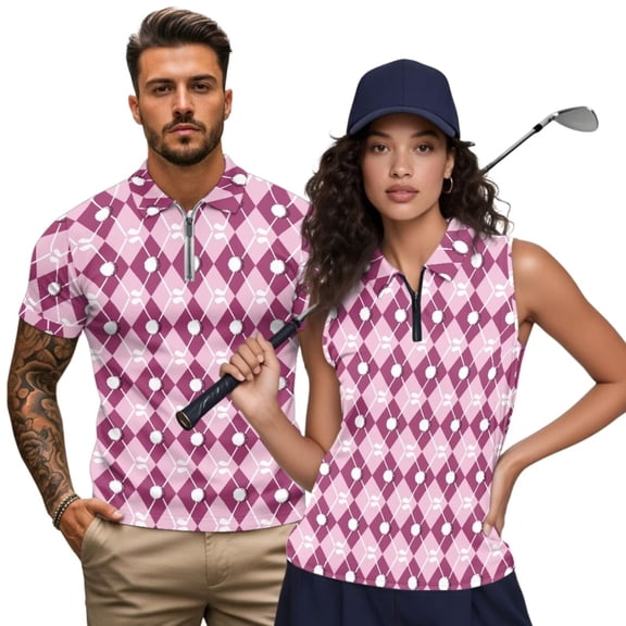 Aplkyhs Pink Ball Argyle Matching Couple Sport Shirts Quarter Zip Matching Golf Shirts for Couple Lightweight Mens Hawaiian Shirt Moisture Wicking Suitable for Outdoor Sports