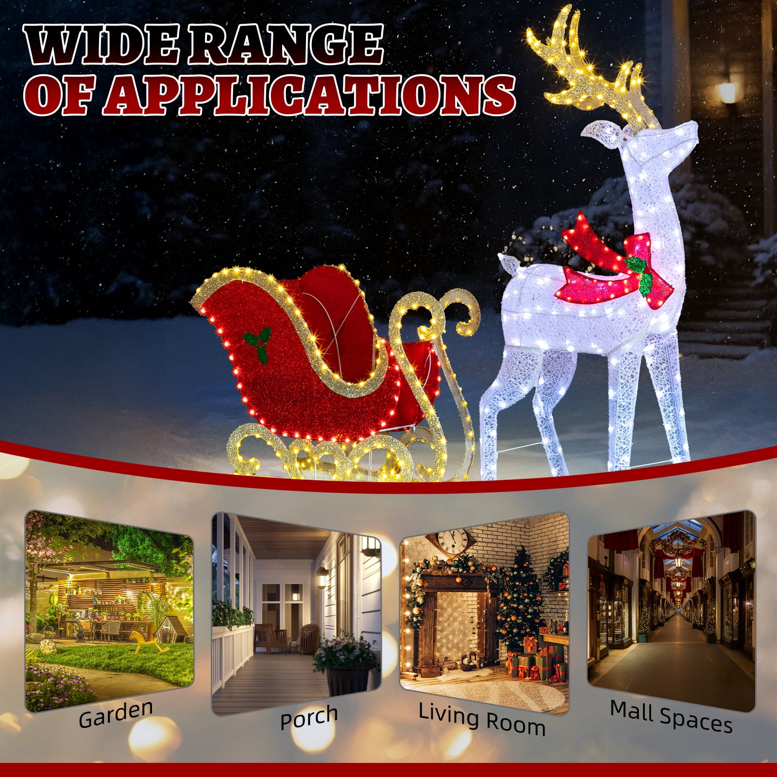 Astoutdoor Lighted Christmas Reindeer & Sleigh Outdoor Yard Decoration Set with LED Lights, Red & White
