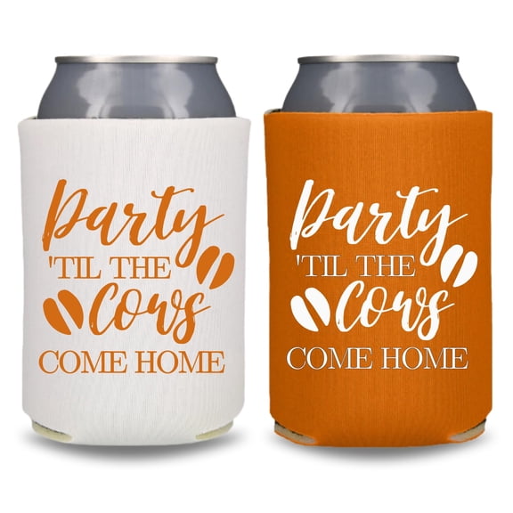 Fall Wedding Can Coolers, Party 'Til The Cows Come Home, Wedding Party Gift and Souvenir, Beer Sleeves (2Pack (1 White, 1 Burnt Orange))