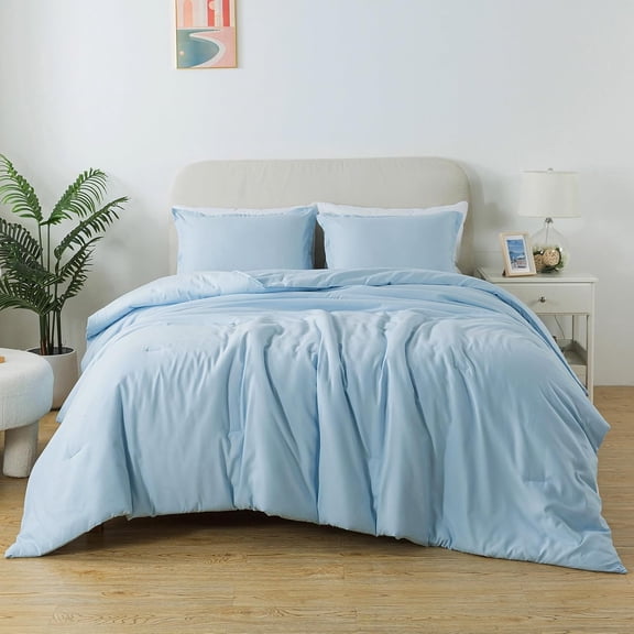 Light Blue Twin Size Down Alternative Comforter Set Solid Microfiber Breathable Fluffy All Seasons