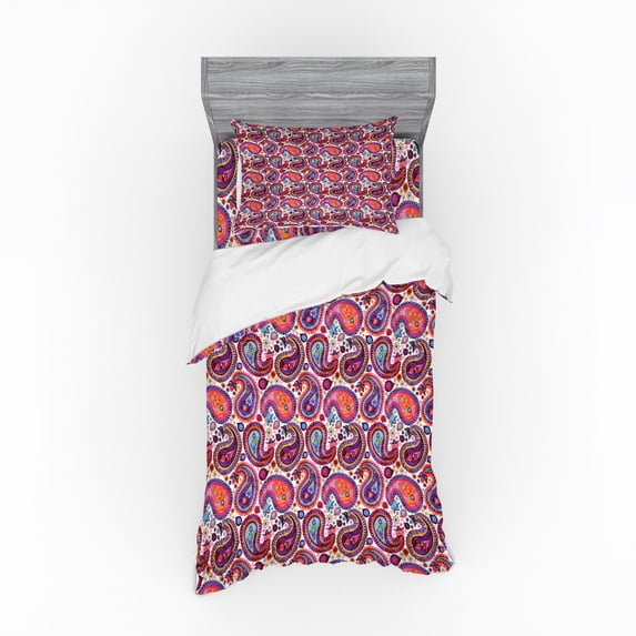 Paisley Duvet Cover Set, Persian Motifs with Floral Elements Oriental Composition Teardrop with Curve, Bedding Set with Shams and Fitted Sheet, 3 Sizes, by Ambesonne