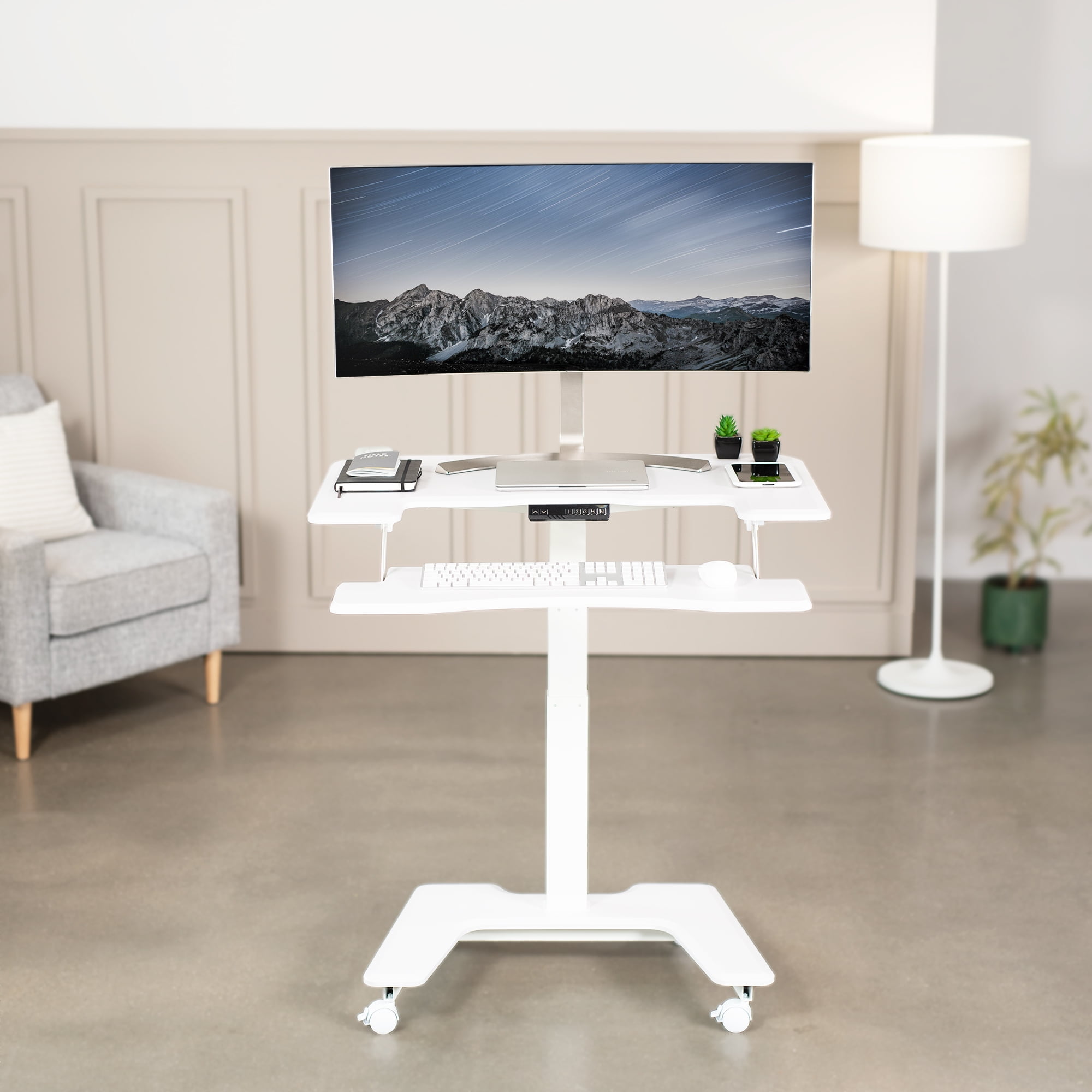 VIVO White 36" Electric Mobile Height Adjustable Two Platform Standing Desk