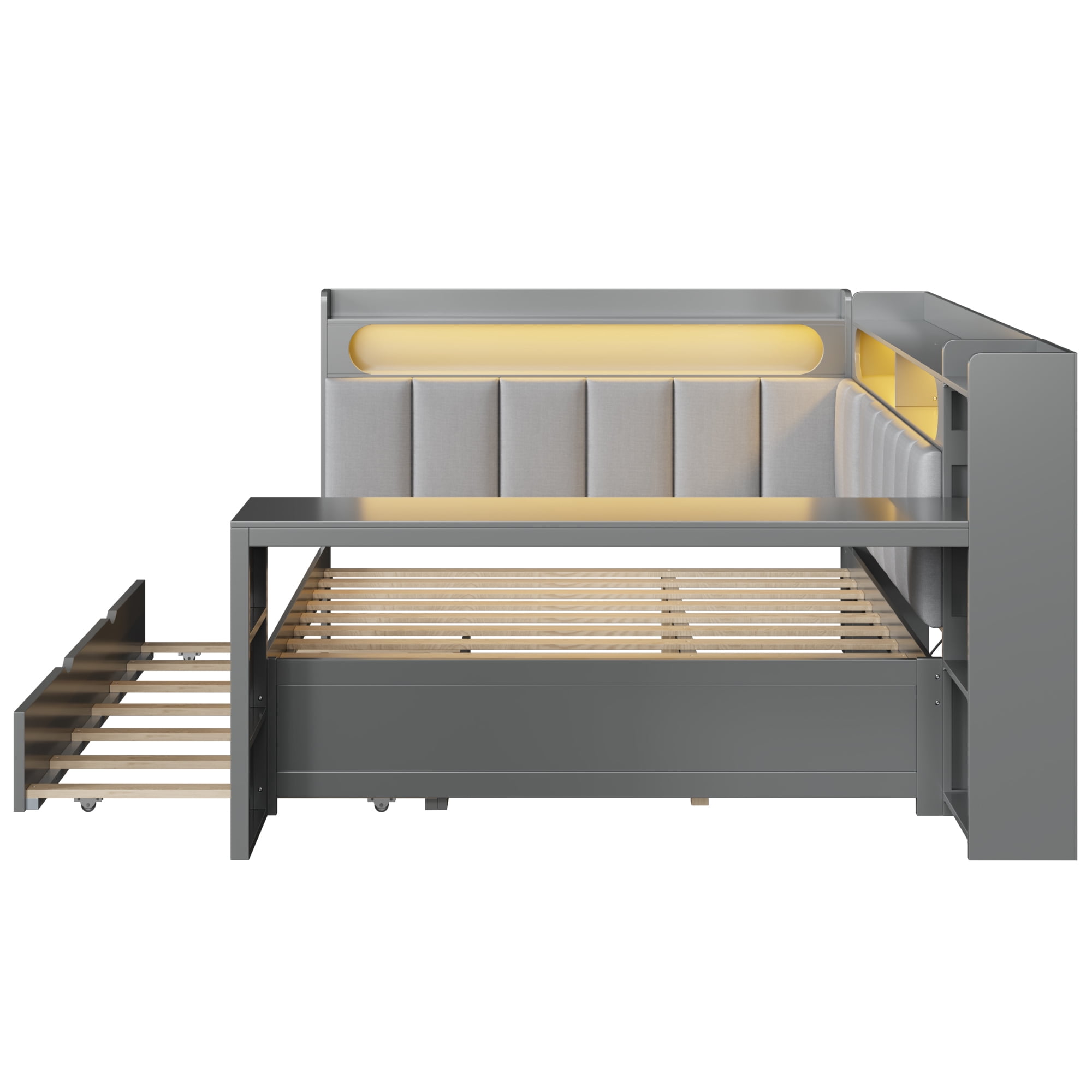 Euroco Wood Full Size Platform Bed with Upholstery Storage Headboard and Trundle, Daybed with Desk, USB Ports and LED Light, Gray
