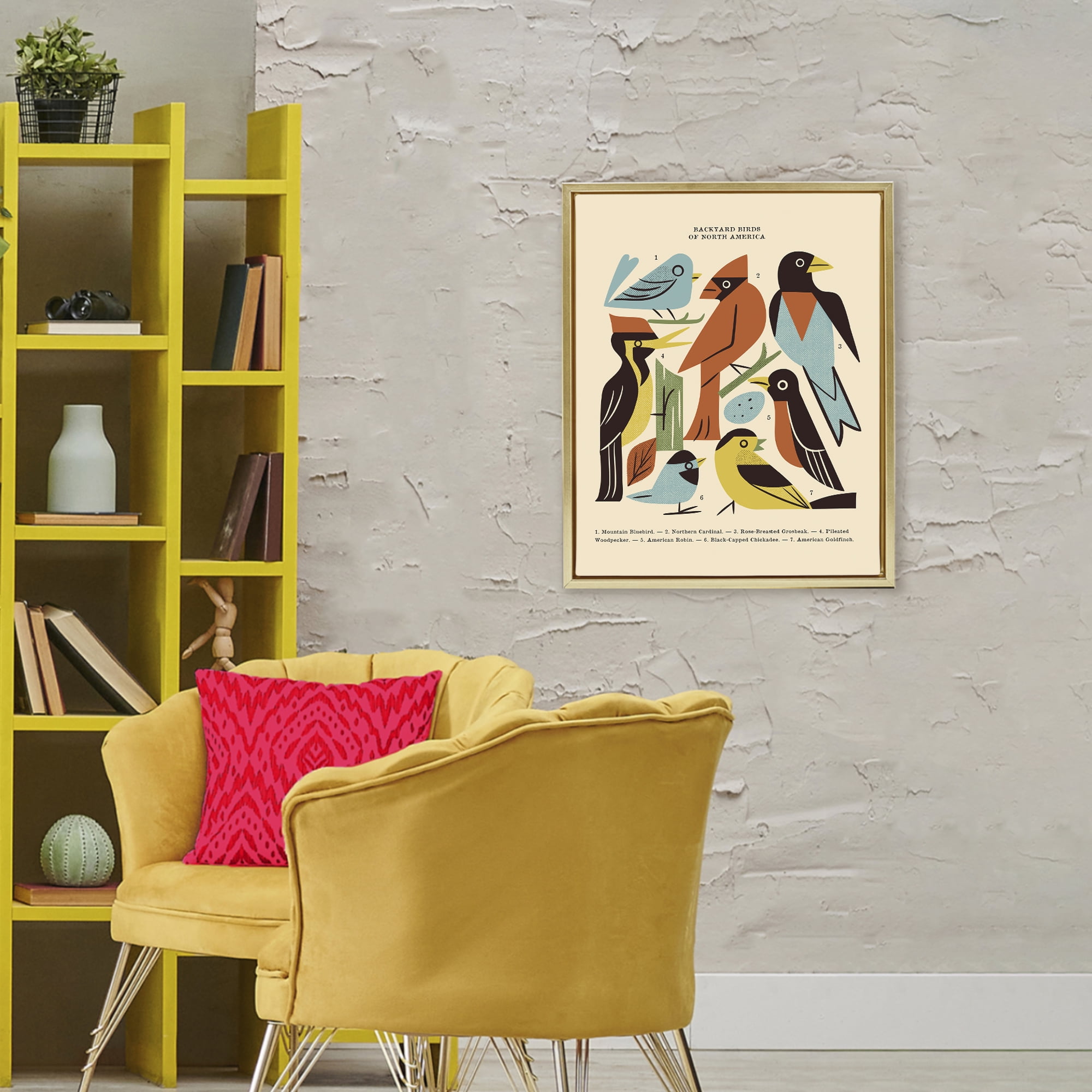 Backyard Birds Midcentury Modern Gold Framed Floater Canvas Wall Art, design by Renea L. Thull