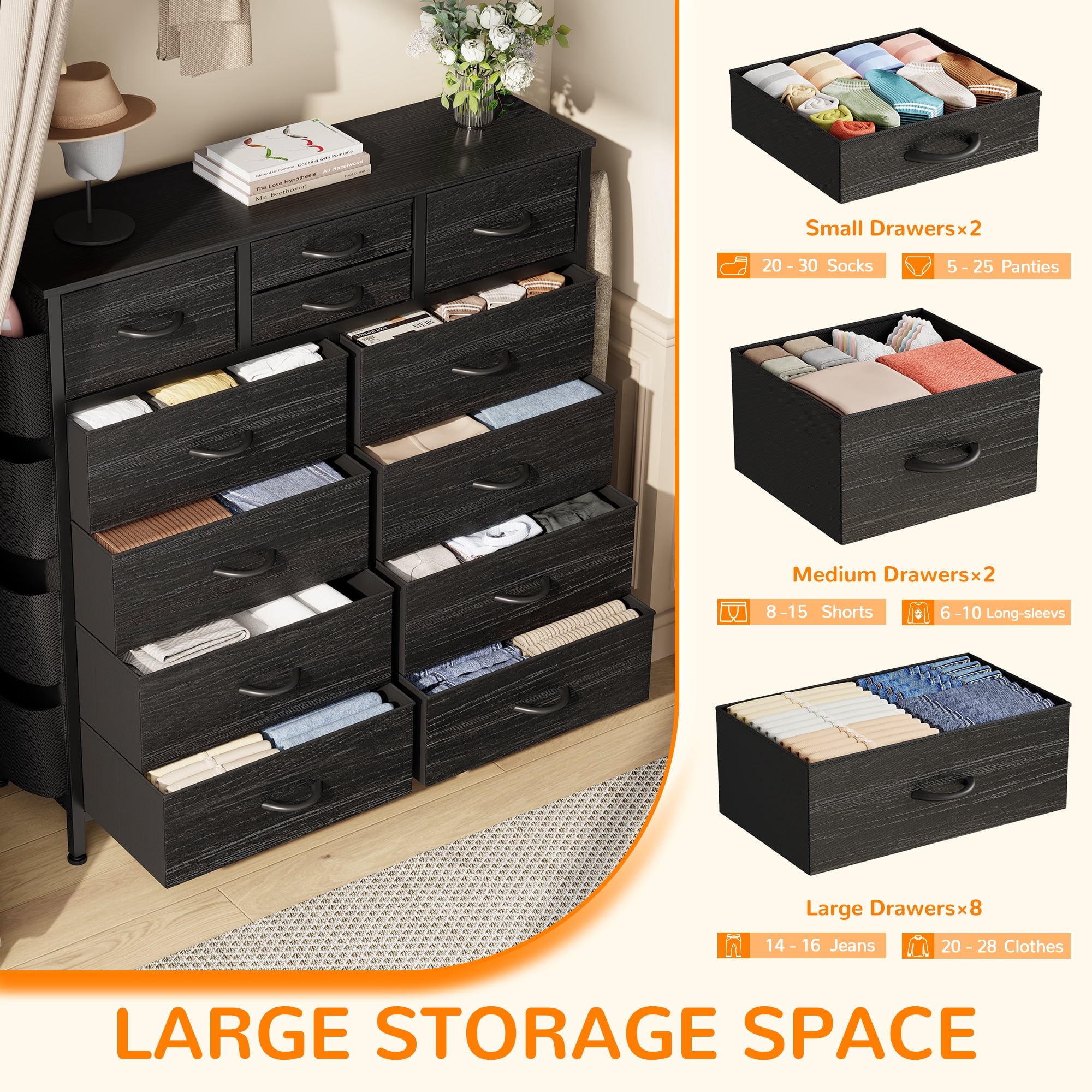 LainTene 12 Drawers Dresser for Bedroom, Fabric Closet Chests Organizer Tower Furniture with Wooden Top Metal Frame for Clothes, Room, Living Room, Hallway，Black