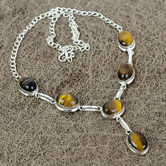 925 Sterling Silver Tiger Eye Gemstone Handmade Jewelry Necklace 18"