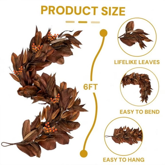 ICQOVD Brown Magnolia Leaf Garland – Festive Holiday Decorative Leaves for Table, Mantle, Window, and Christmas Home Display