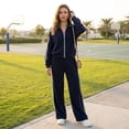 thumbnail image 5 of Szluipve 2 Piece Sets for Women 2 Piece Outfits Side Stripe Zip Up Collar Jacket & Wide Leg Pants Set Ribbed Textured Casual Tracksuit Loungewear Suit for Daily Travel Navy 2XL, 5 of 7