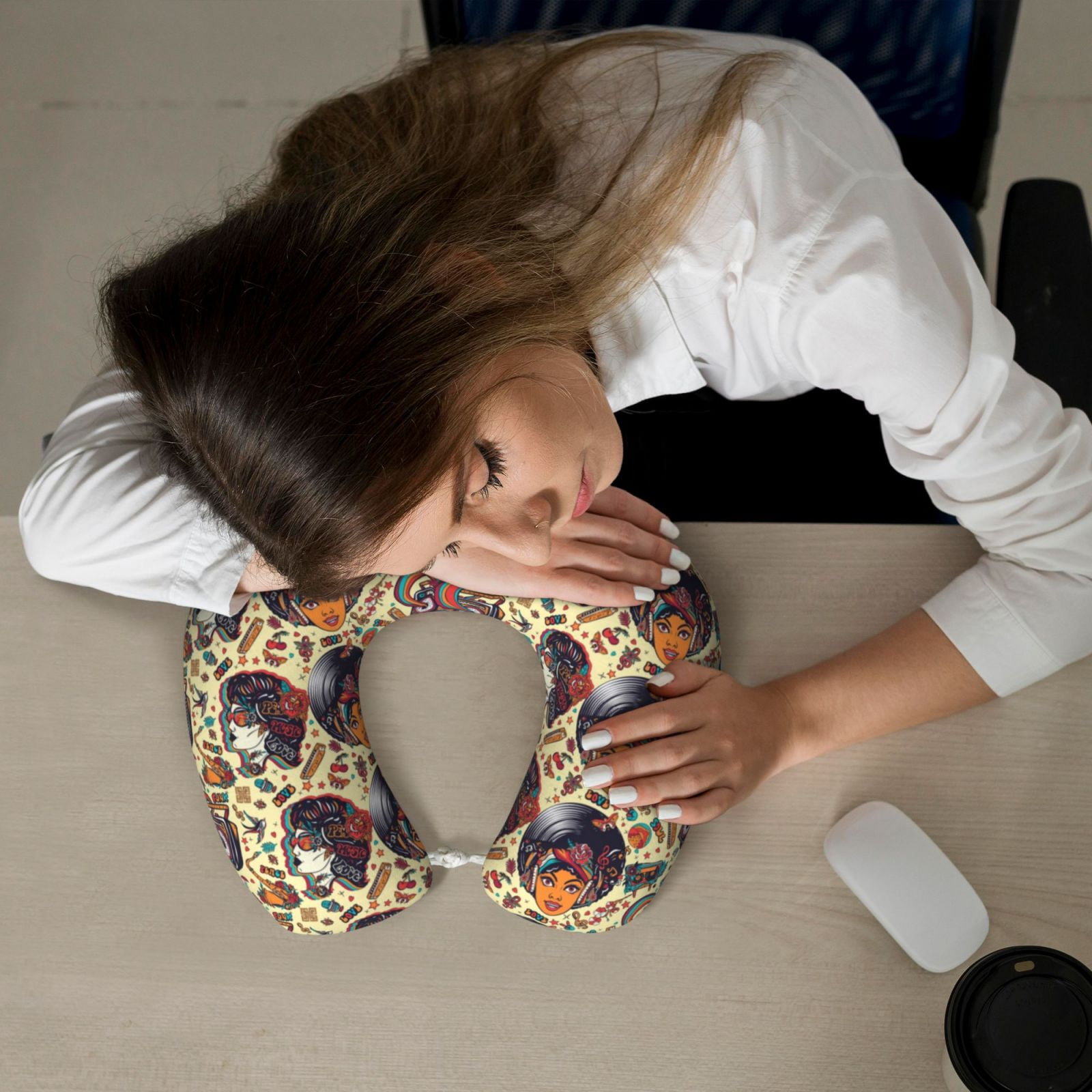Xecao Fashion Hippie Girl Print Memory Foam Cervical Neck Pillow Versatile U-Shaped Pillows for Home,Office,Camping,Travelling,Soft Washable Cover
