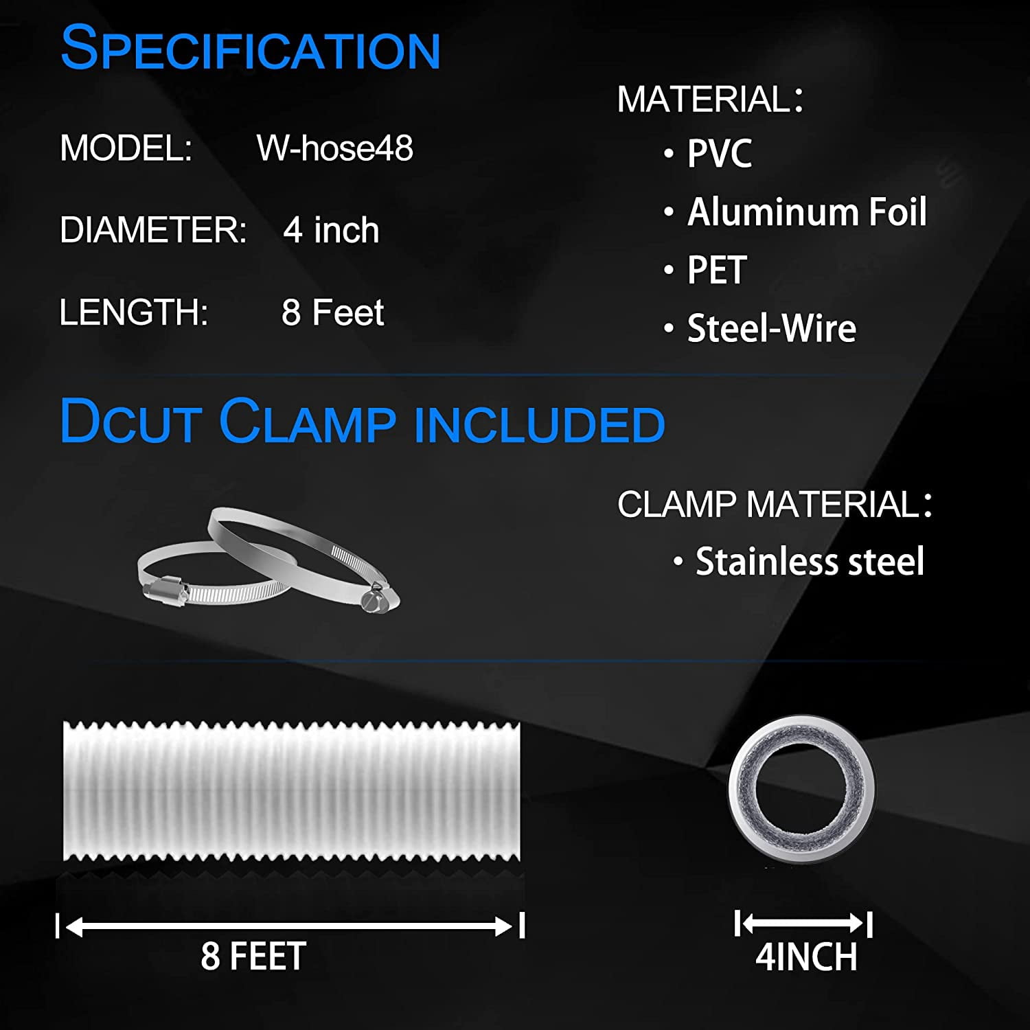 MKEUDQ-4 Inch 8ft Dryer Vent Hose, Flexible Insulated Air Ducting,Vent Hose PVC Aluminum Foil with 2 Clamps for HVAC Ventilation(White)