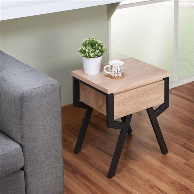 Benzara BM186955 Transitional Square Wood & Metal End Table with 1 Drawer, Brown & Black 22 x
