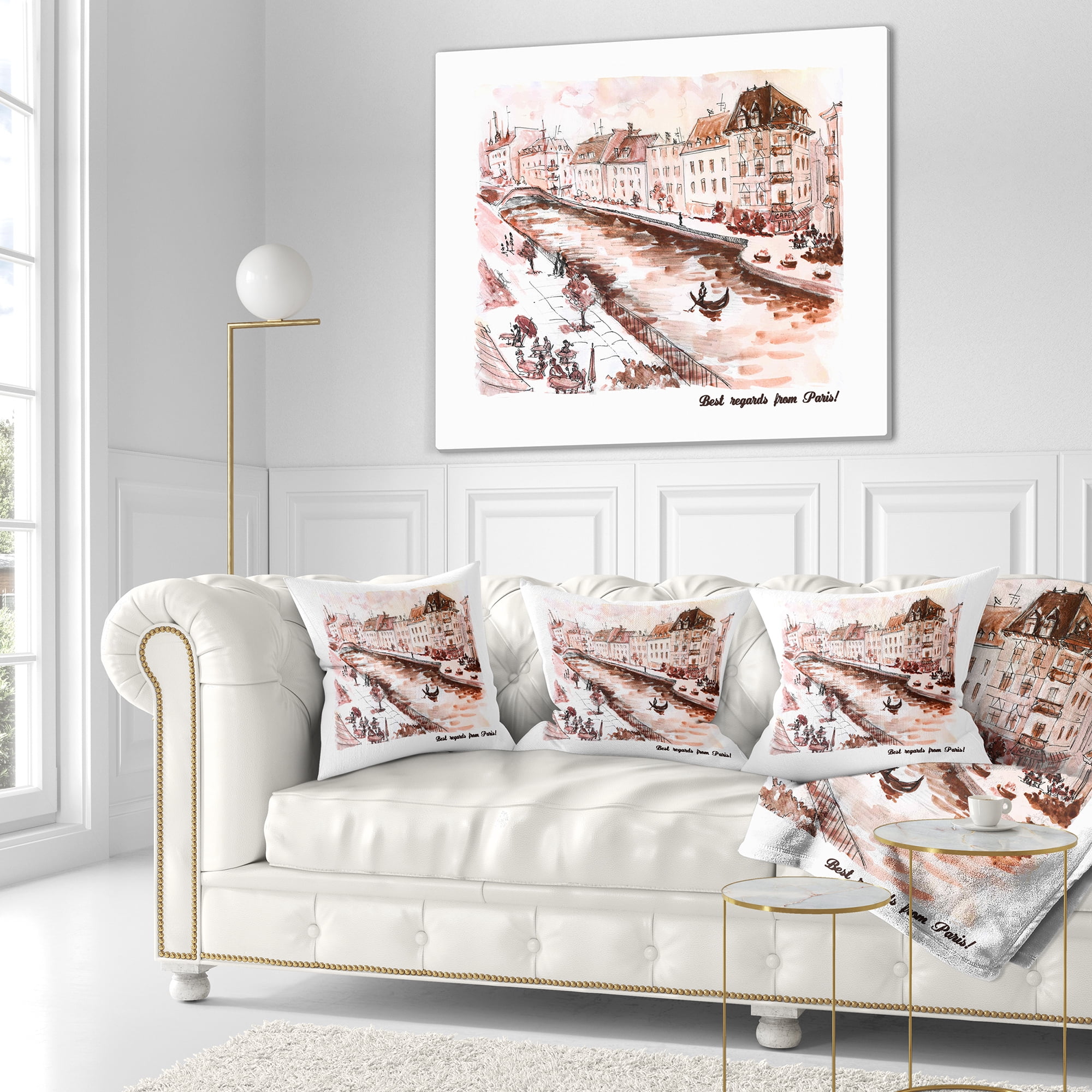 Designart Sepia Hand Drawn Sketch of Paris - Cityscape Throw Pillow - 16x16