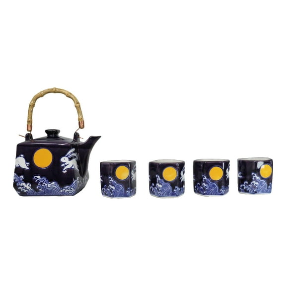 Purple Blue Night Moon White Rabbit Ceramic Hexagonal Teapot With 4 Tea Cups Set