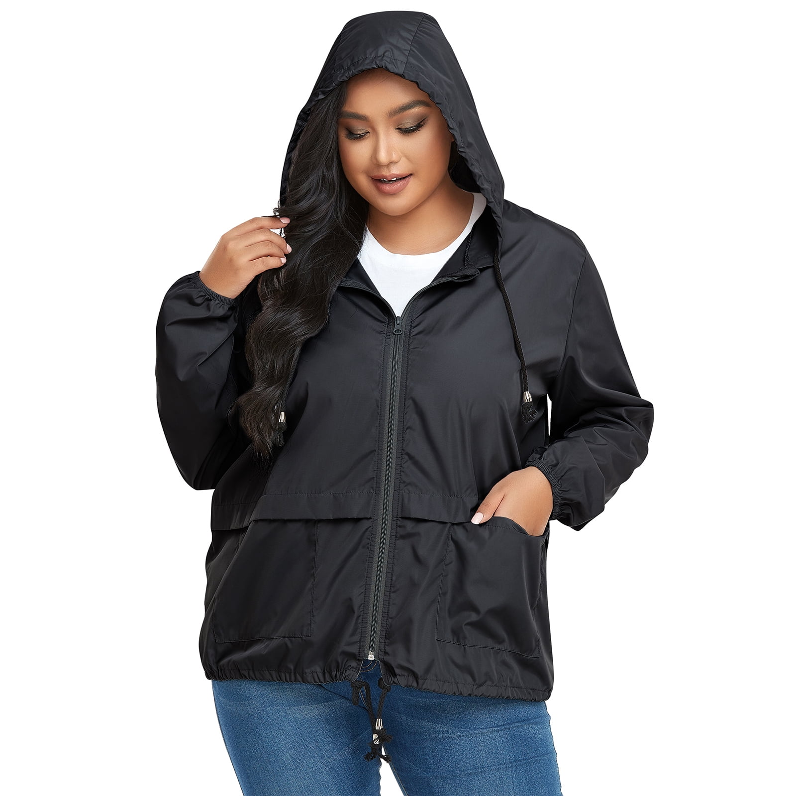 American Trends Plus Size Rain Jacket for Women Raincoat Waterproof with Hood Rain Coats for Women Lightweight Black 3XL