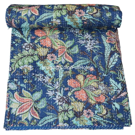 Handmade Floral Kantha Quilt, Blue Cotton Throw with Traditional Embroidery, Vintage Botanical Print( Single 60" x 90" )