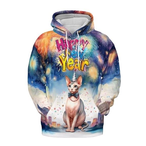 Happy New Year with Sphynx Fireworks Holiday Xmas Winter 2025 All Over Print 3D Hoodie Unisex Merch Hoodies Cat Lover Kitten Owner Gifts Idea - 00025
