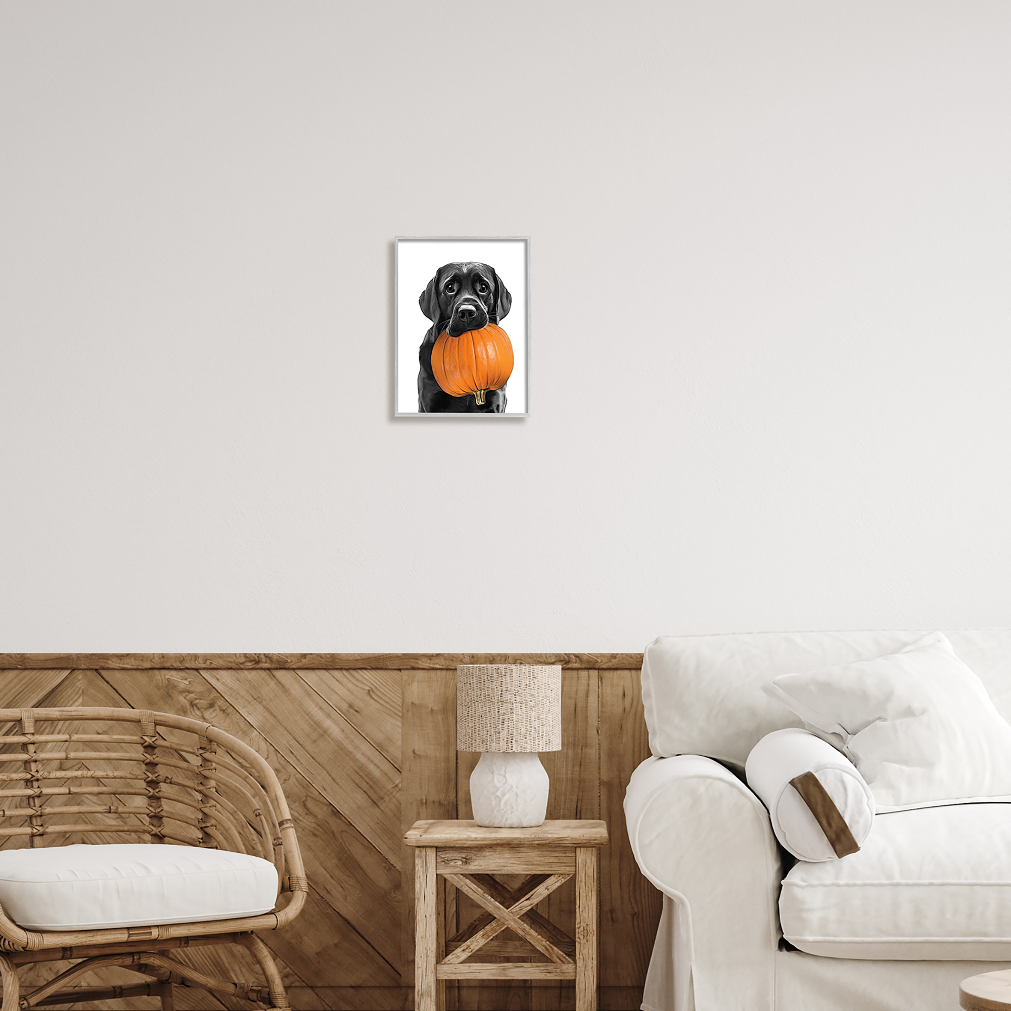 Stupell Industries Lab Dog with Pumpkin Holiday Painting Gray Framed Art Print Wall Art, 11 x 14