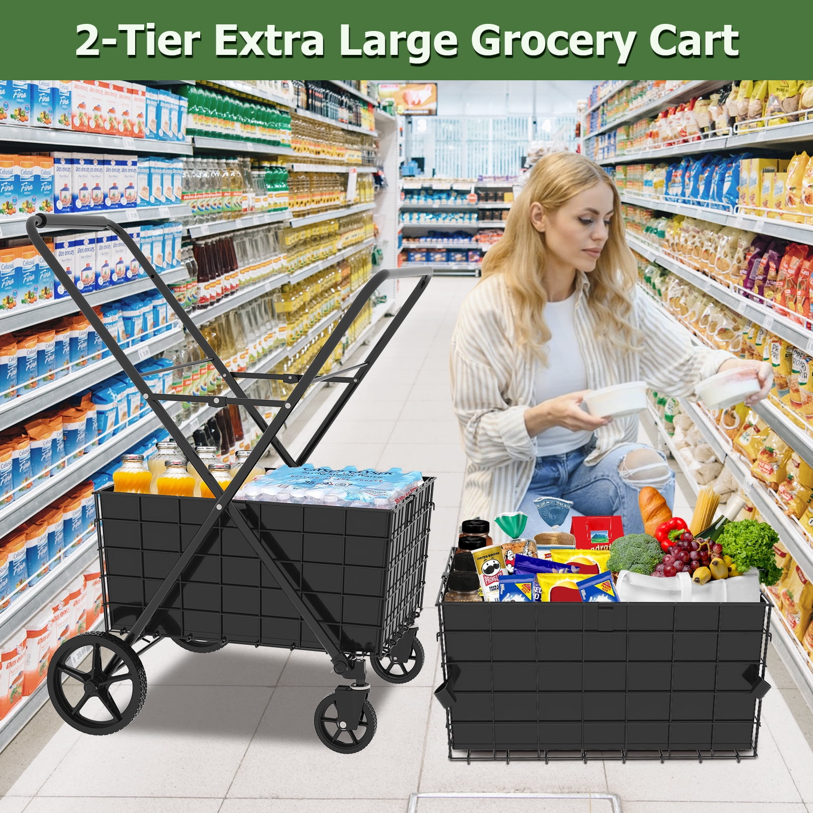 Jumbo Shopping Cart, 2 Layers Grocery Cart on Wheels, Foldable Utility Shopping Carts with Double Basket and 360° Rolling Swivel Wheels for Groceries Laundry