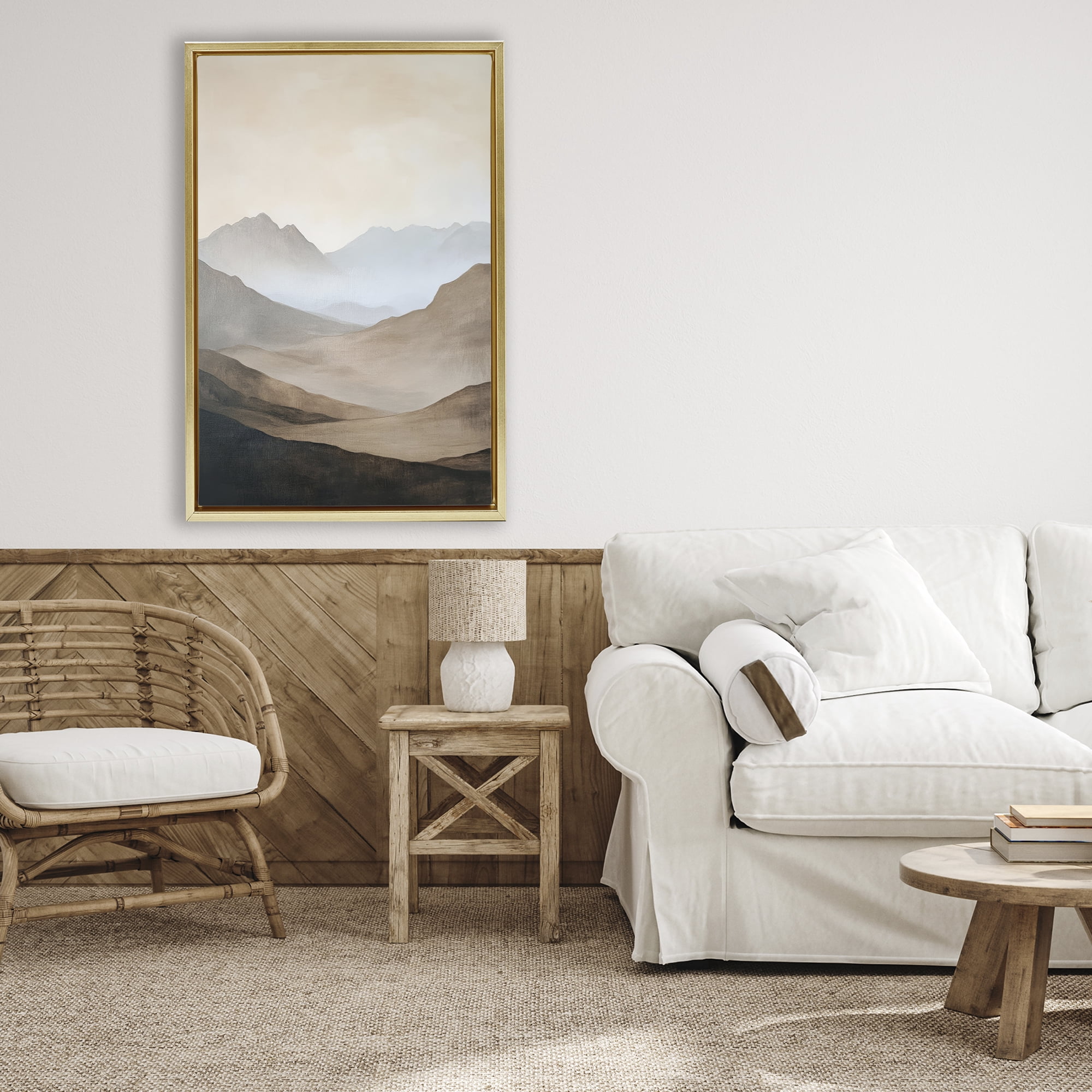 Stupell Industries Foggy Mountains Over Valley Gold Framed Floater Canvas Wall Art, design by Petal Prints Design