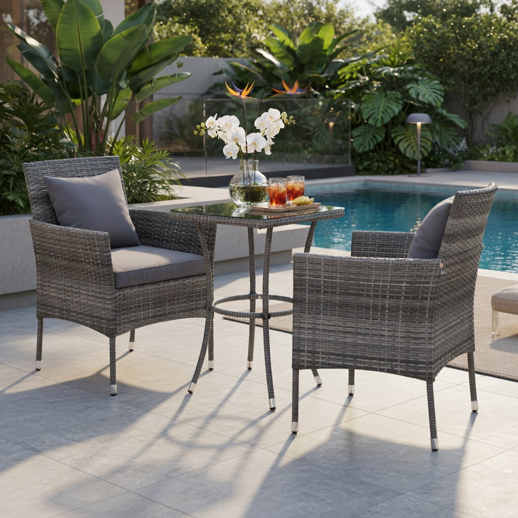 Hommoo 3-Piece Outdoor Patio Furniture Set, PE Rattan Chairs with Cushions & Tempered Glass Coffee Table for Backyard, Porch, Garden, Gray