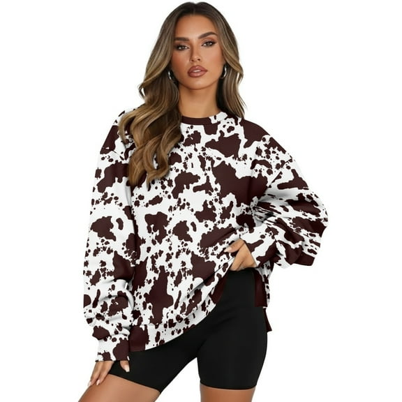 SCRAWLGOD Cow Print Splash Brown White Womens Sweatshirts Polyester Crewneck Tops Long Sleeve Loose Fit Lightweight Fall Drop Shoulder Casual Pullover with Pockets, S