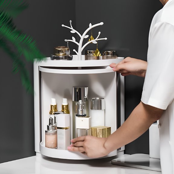 LAMIRO 360 Rotating Makeup Organizer, Rotatable Bathroom Makeup Organizer Corner Plastic Wall Mounted Storage Rack Box Vanity Organizer Rack for Countertop, Large Capacity for Bathroom