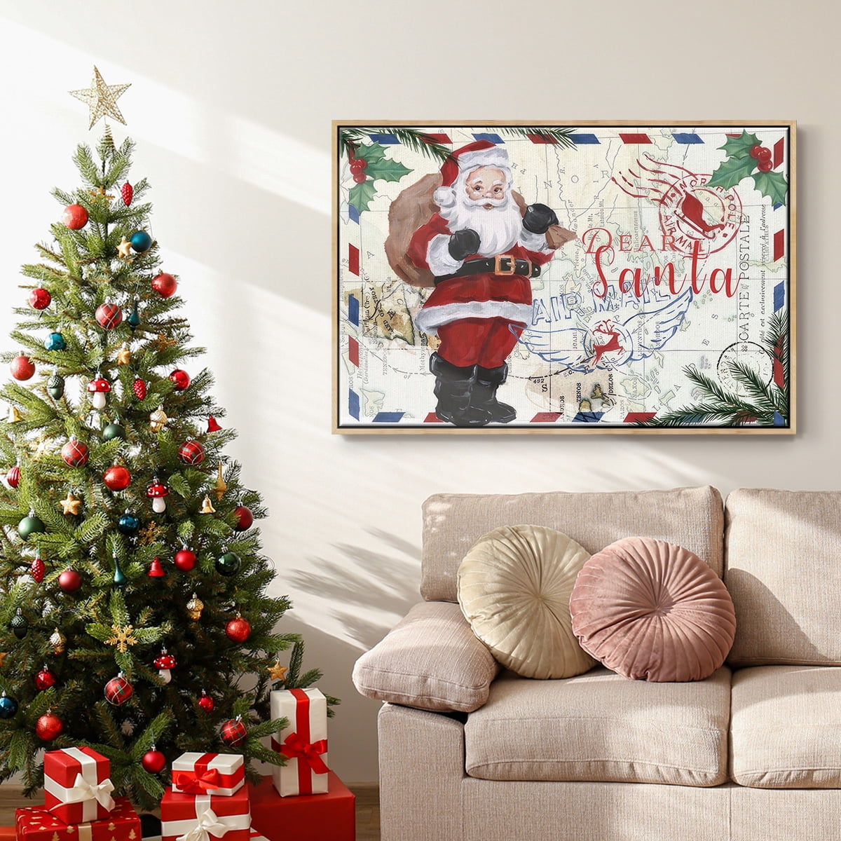 Christmas Par Avion Collection A - Framed Gallery Wrapped Holiday Canvas - 27 x 41 - Natural Wood Frame