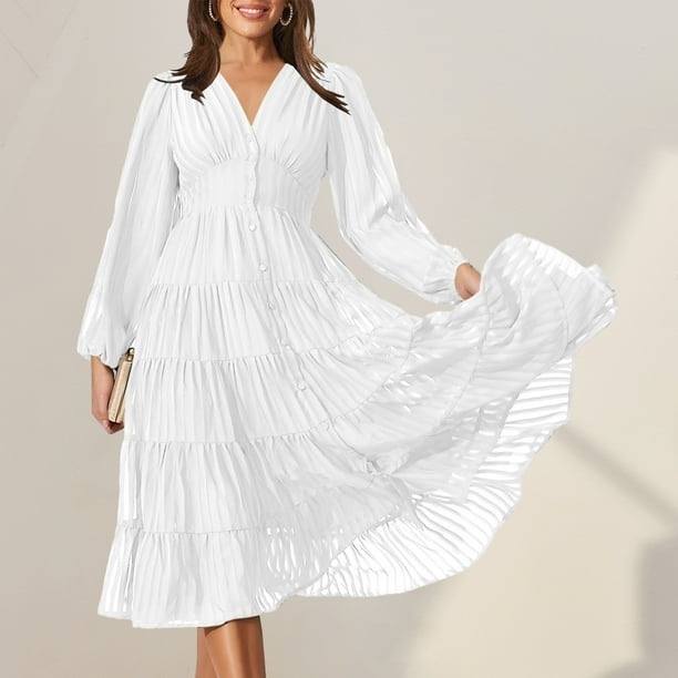 Vestido de manga larga con cuello en V Vestido de mujer con volantes y capas Traje de vacaciones informal