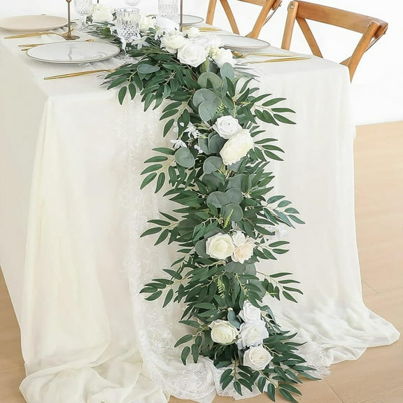 Luxcidy 5.57Ft Artificial Eucalyptus Garland with Flowers, Fake Greenery Faux Floral Vine Garland for Table Decor Wedding Centerpieces Bridal Shower Party Decorations