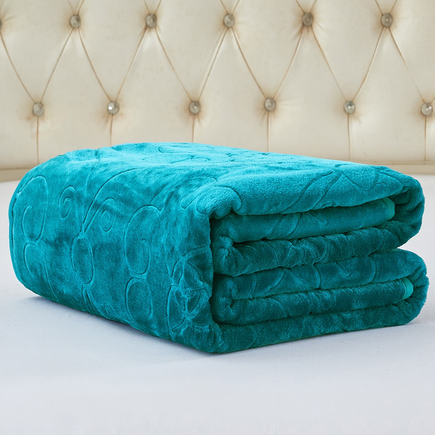 NC Plush Fleece Blanket For Bed,Lightweight Soft Embossed Teal Floral Blanket,Queen 75"x91"