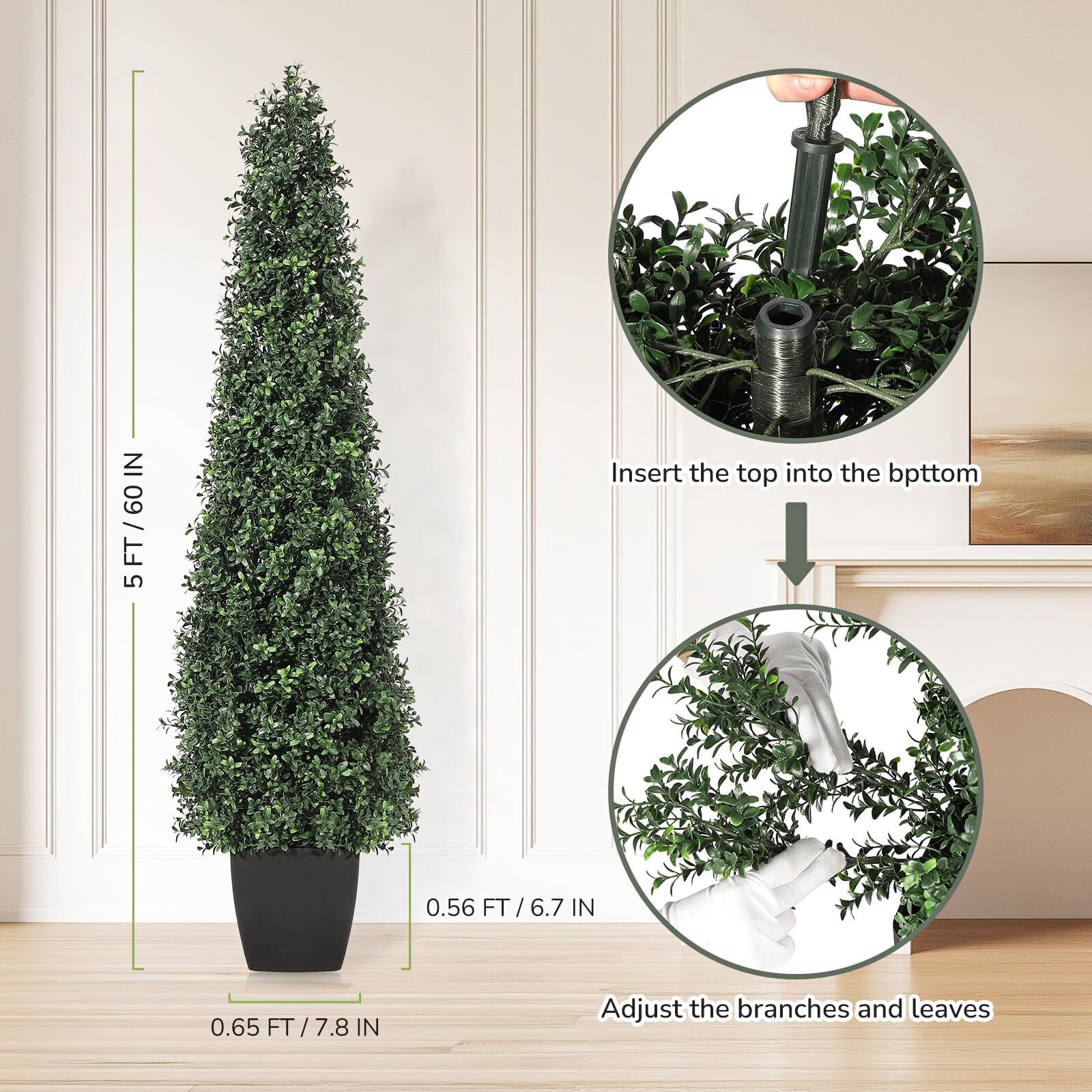 Artificial Boxwood Topiary Trees - Cone Shape Fake Plant with Modern Black Planter, 5FT Faux Outdoor Plants for Indoor Front Porch Plants Set of 2