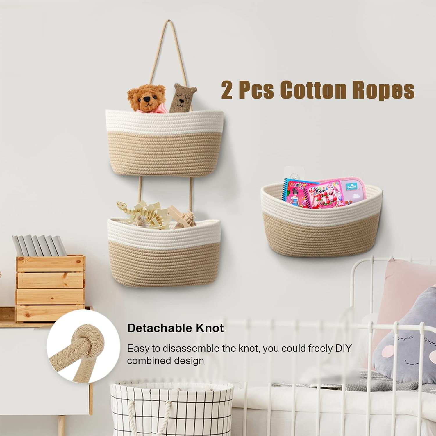 Over the Door Hanging Basket, 3-Tier Woven Cotton Wall-Mounted Storage Organizer Bag Decorative Hanging Nursery Baskets - Jute