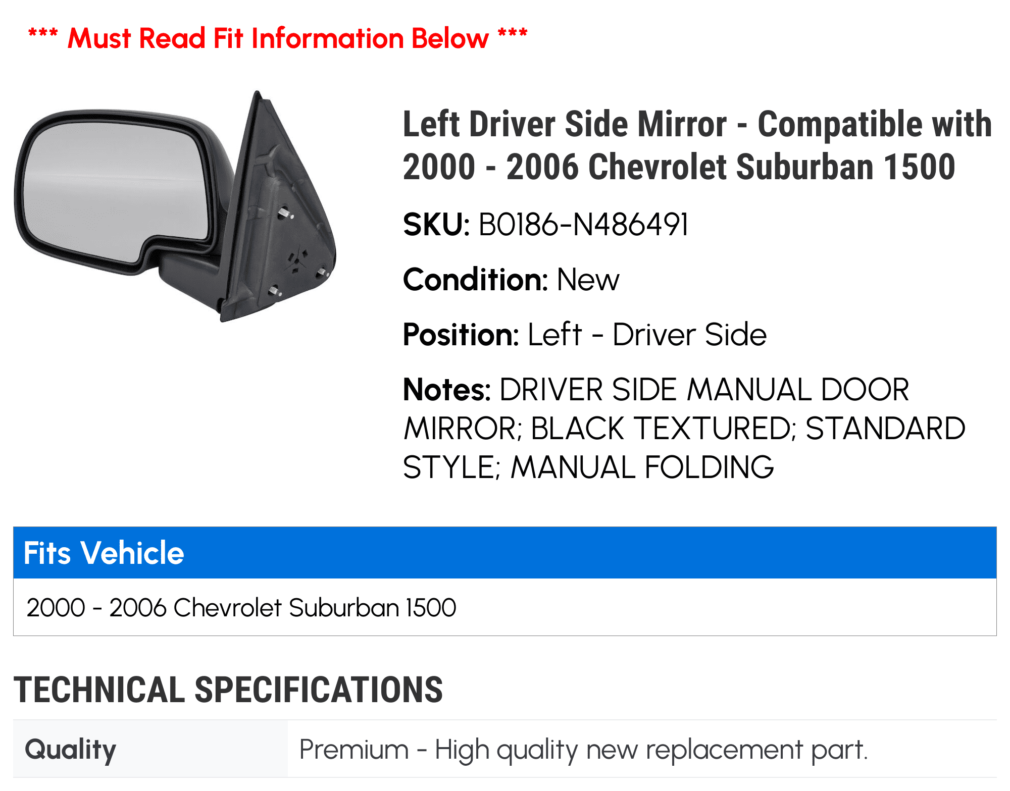 Left Driver Side Mirror - Compatible with 2000 - 2006 Chevy Suburban 1500 2001 2002 2003 2004 2005