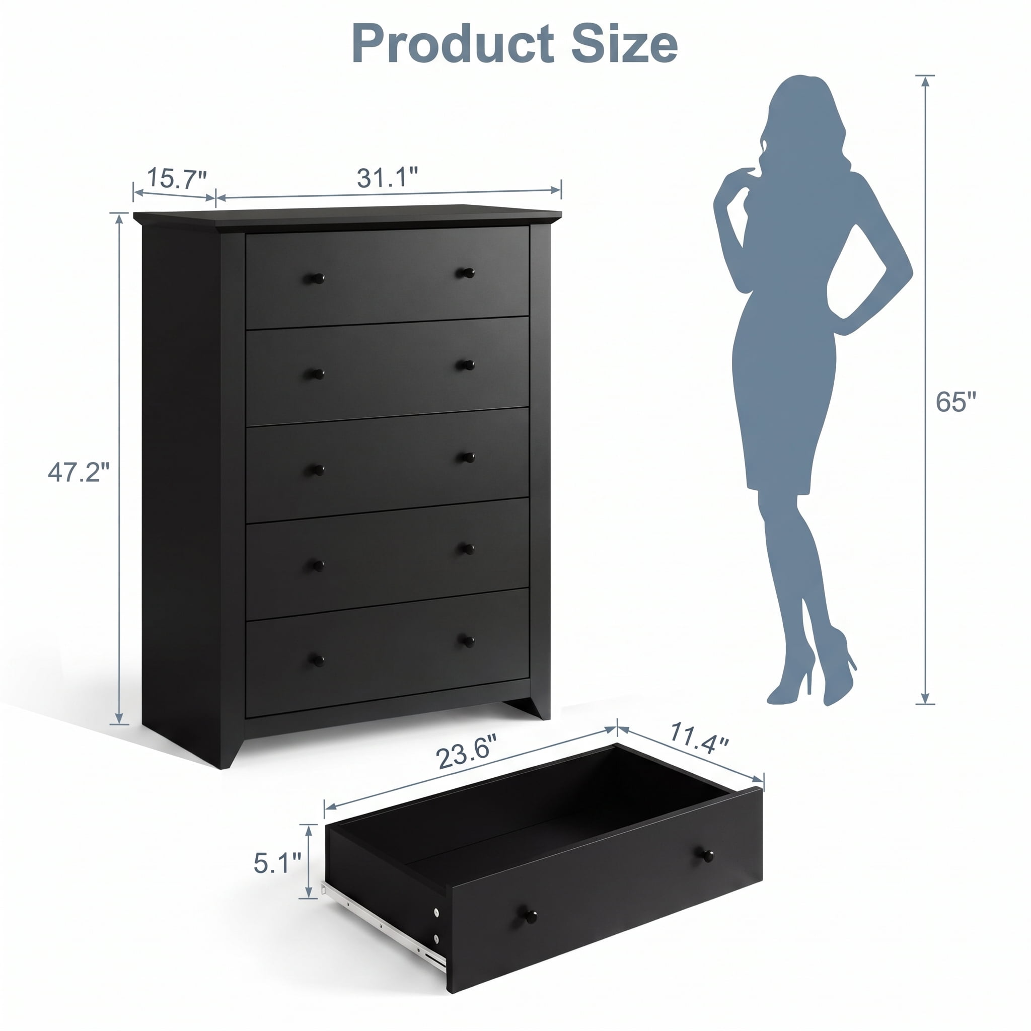 TrumanPick Black Dresser Tall 5 Drawer Dressers for Bedroom Wood Chest of Drawers for Living Room Hallway Entryway 47.2"H x 31.1"W x 15.7"D