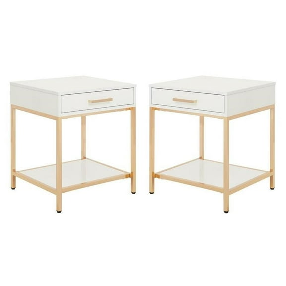 Home Square Wood End Table in White Gloss and Gold Plated Base - Set of 2